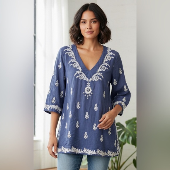 SAFFIRE Blue V-Neck Floral Embroidered Sequin Boho Tunic 3/4 Sleeves Size Medium - Picture 1 of 8